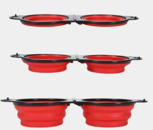 Dual dog bowl feeder, portable and foldable with handy clip