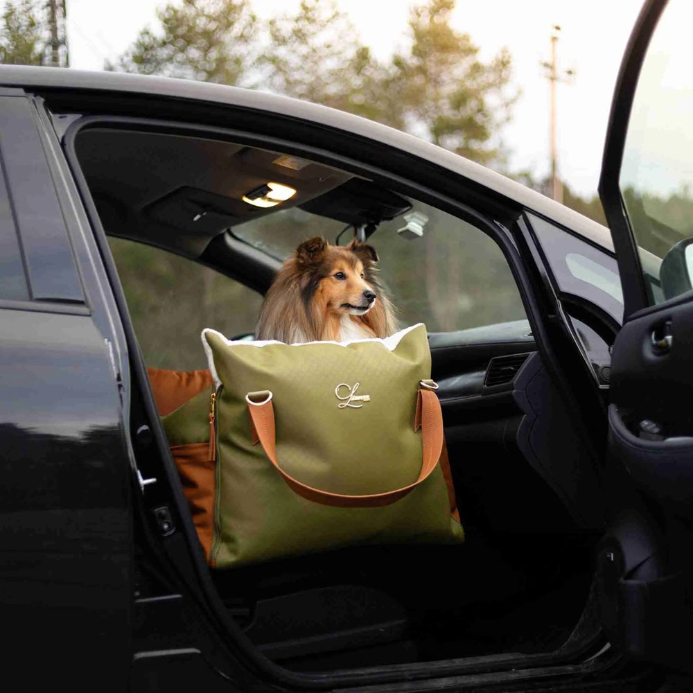 Designer Luxury Dog Car Seat, Olive Green and Tan.