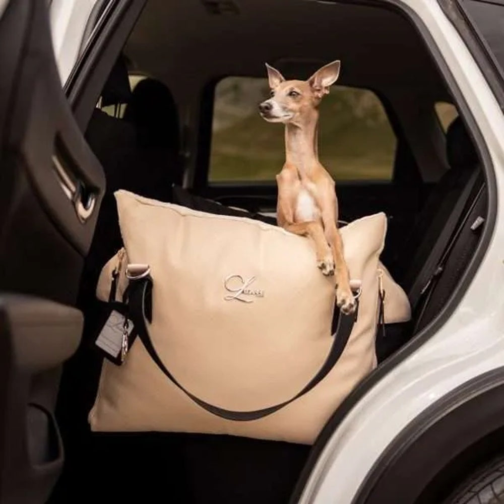 Designer Luxury Dog Car Seat, Ivory Beige.