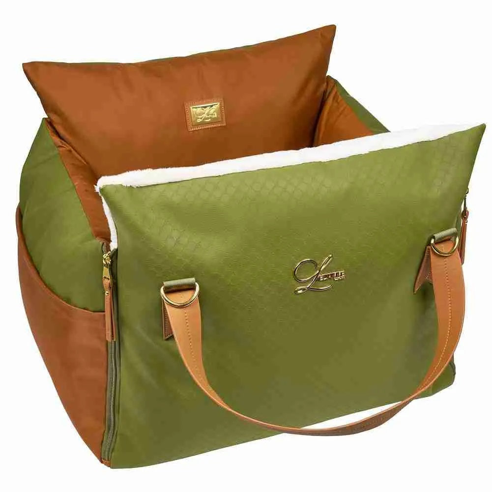 Designer Luxury Dog Car Seat, Olive Green and Tan.