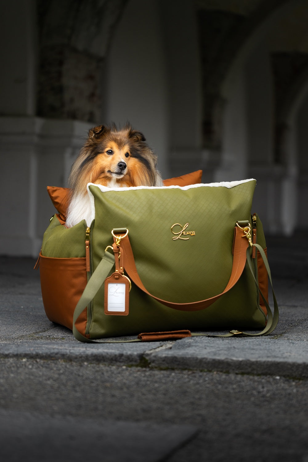 Designer Luxury Dog Car Seat, Olive Green and Tan.